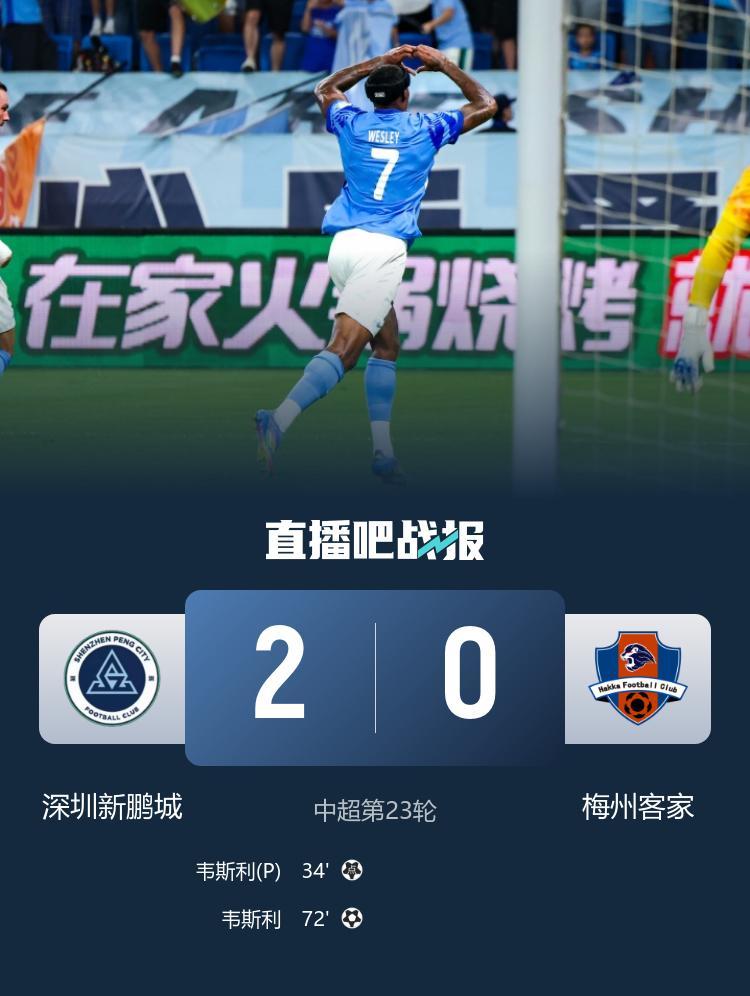 保级大战取胜！新鹏城2-0梅州积分反超 韦斯利双响梅州进球被吹